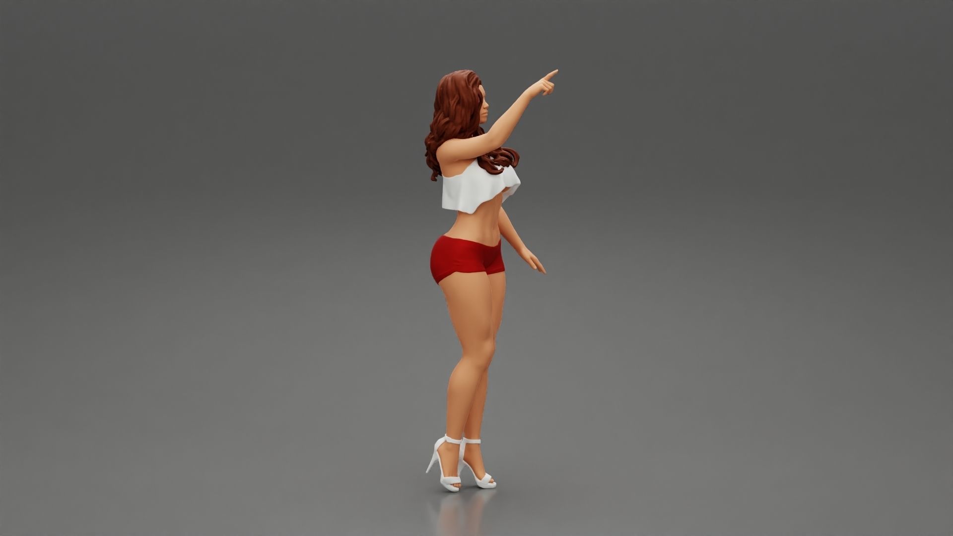 woman standing in mini short and heels with her hand indicating 3D print model_2