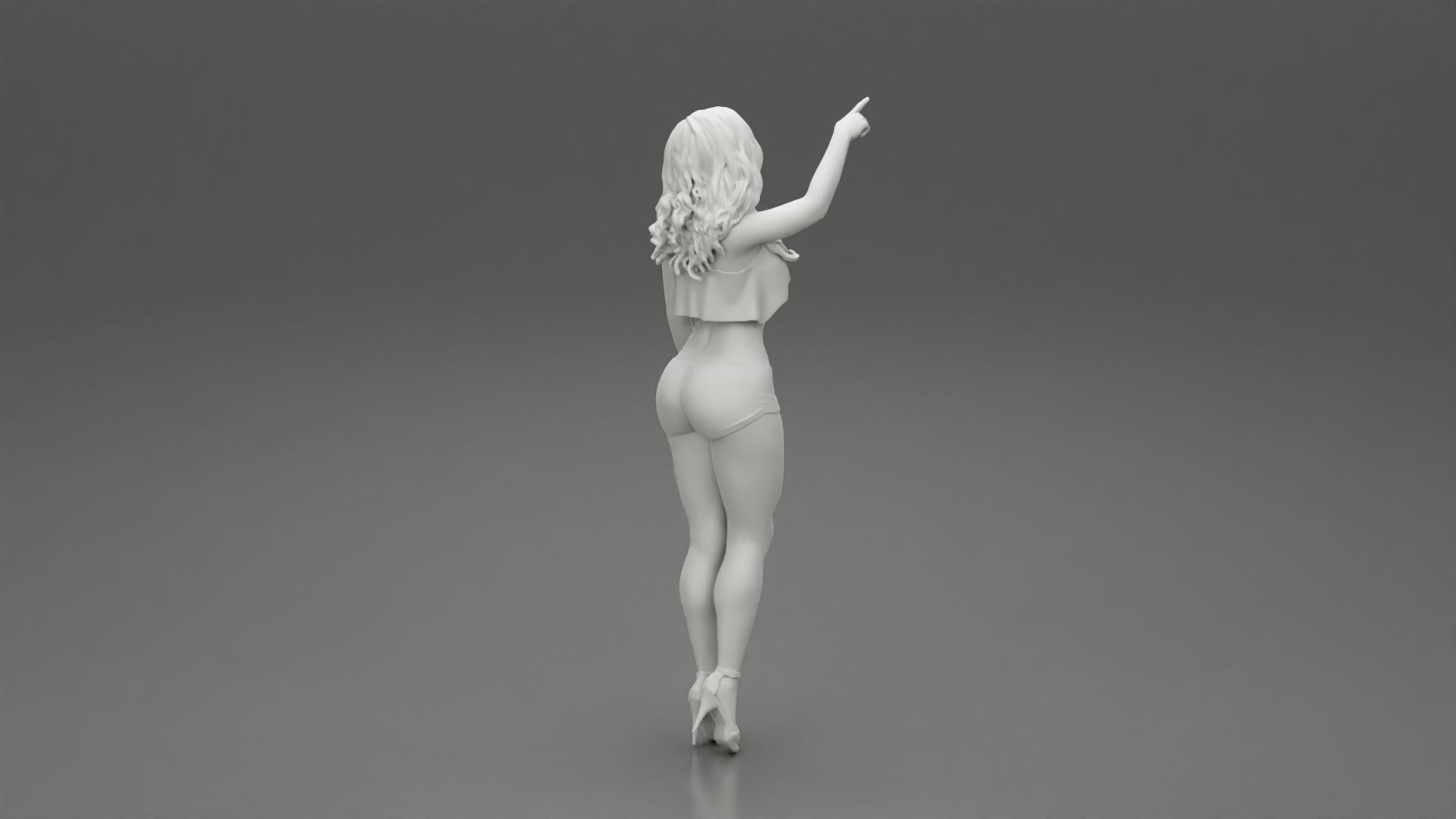 woman standing in mini short and heels with her hand indicating 3D print model_9