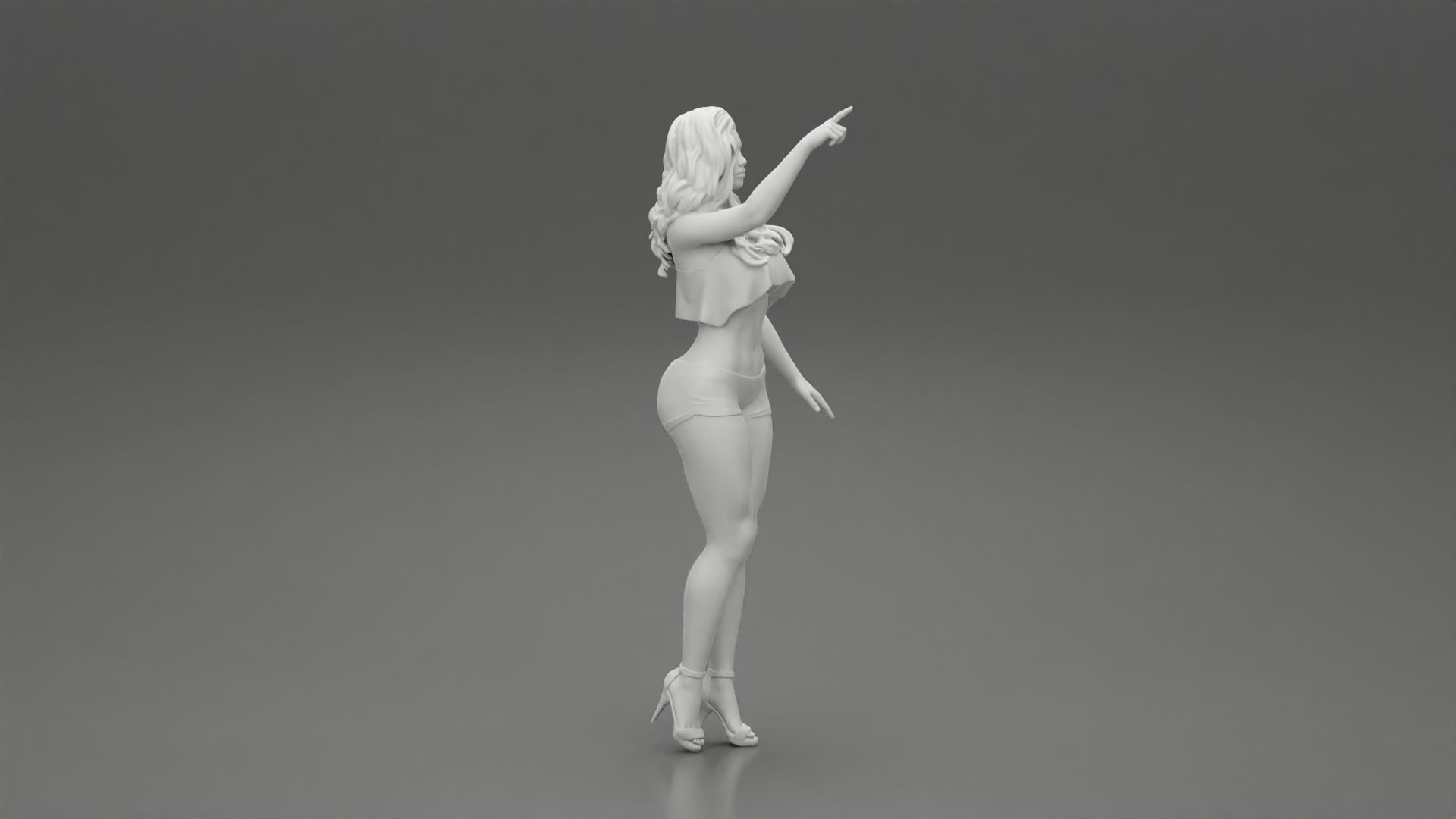 woman standing in mini short and heels with her hand indicating 3D print model_8