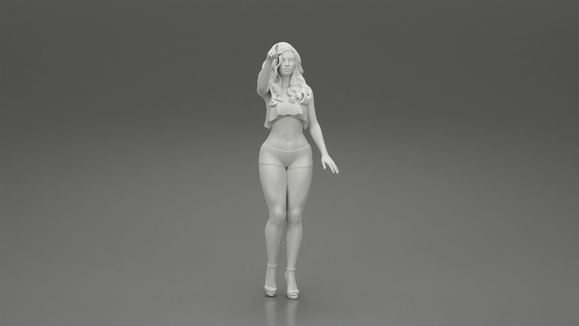 woman standing in mini short and heels with her hand indicating 3D print model_7