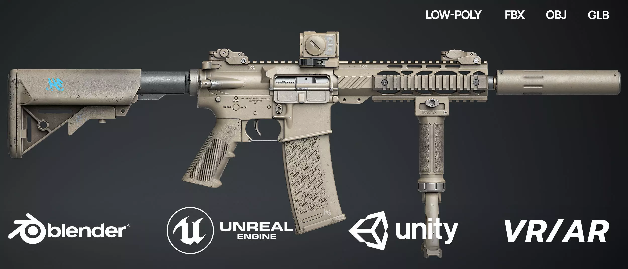 weapon - AR15 Sand - assault rifle Low-poly 3D model_0