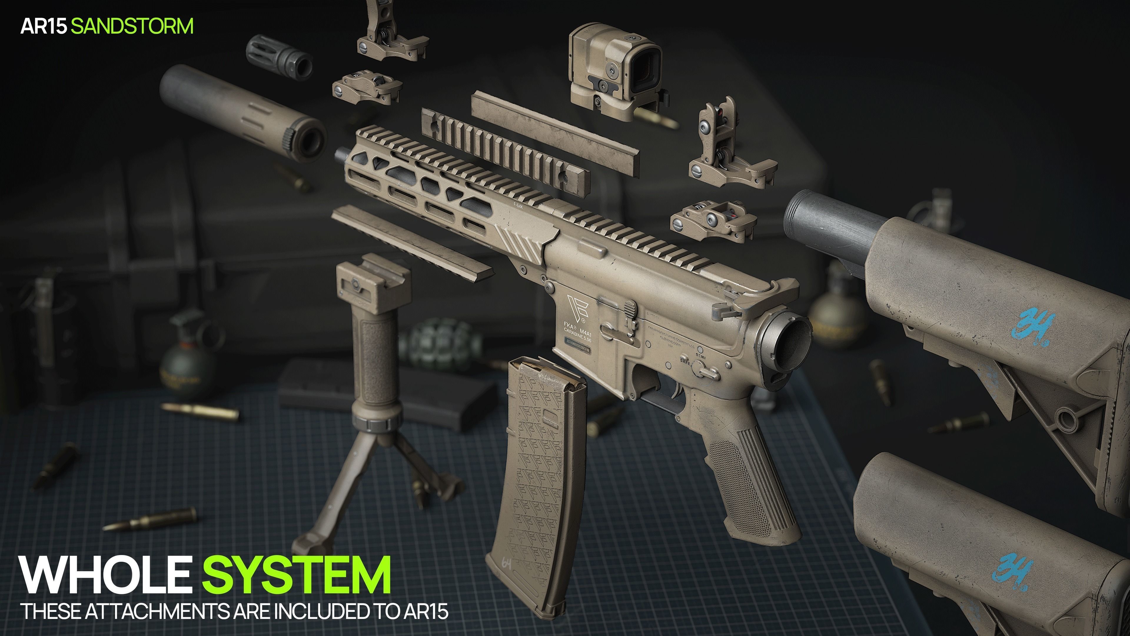 weapon - AR15 Sand - assault rifle Low-poly 3D model_2