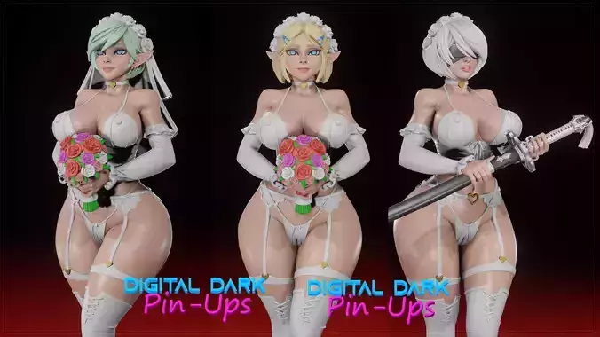 Bride Zelda and 2B and Elf with NSFW version and Miniature 3D print model