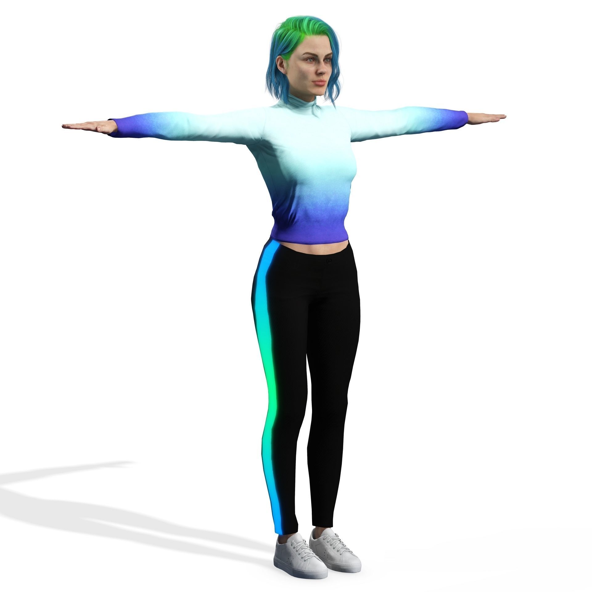 Green hair bueatiful  fitness woman Rigged and Blendshapes Low-poly 3D model_5