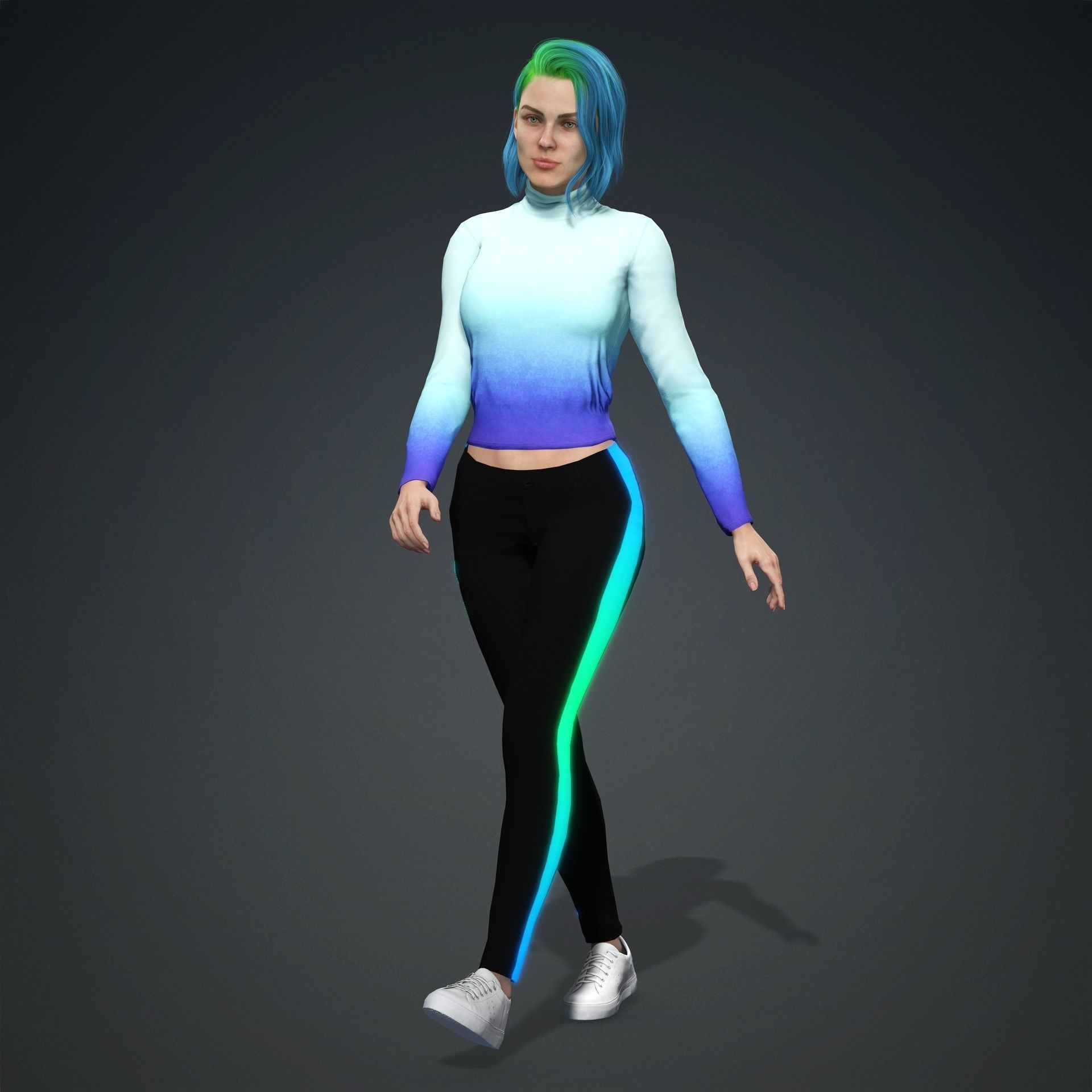 Green hair bueatiful  fitness woman Rigged and Blendshapes Low-poly 3D model_3