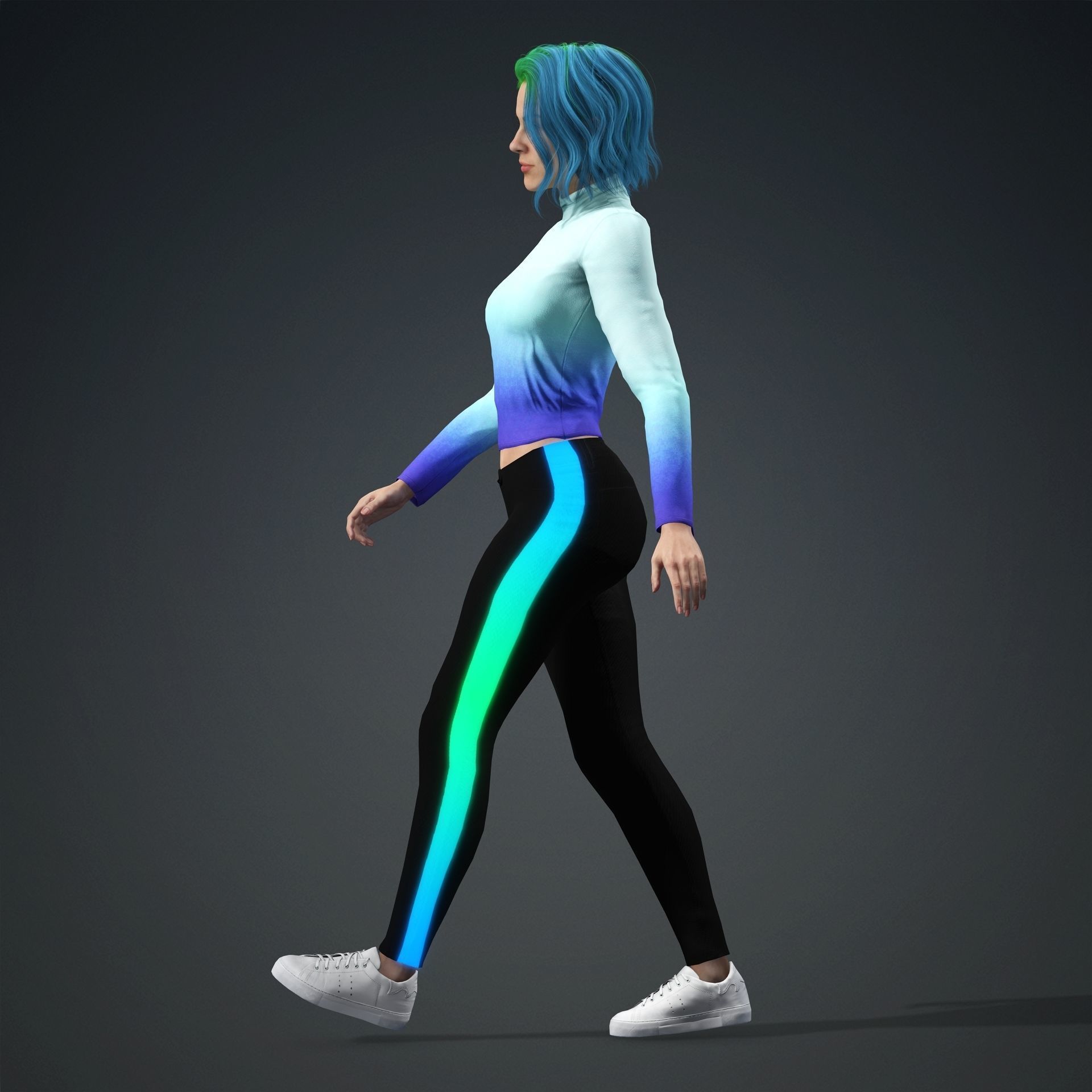 Green hair bueatiful  fitness woman Rigged and Blendshapes Low-poly 3D model_9