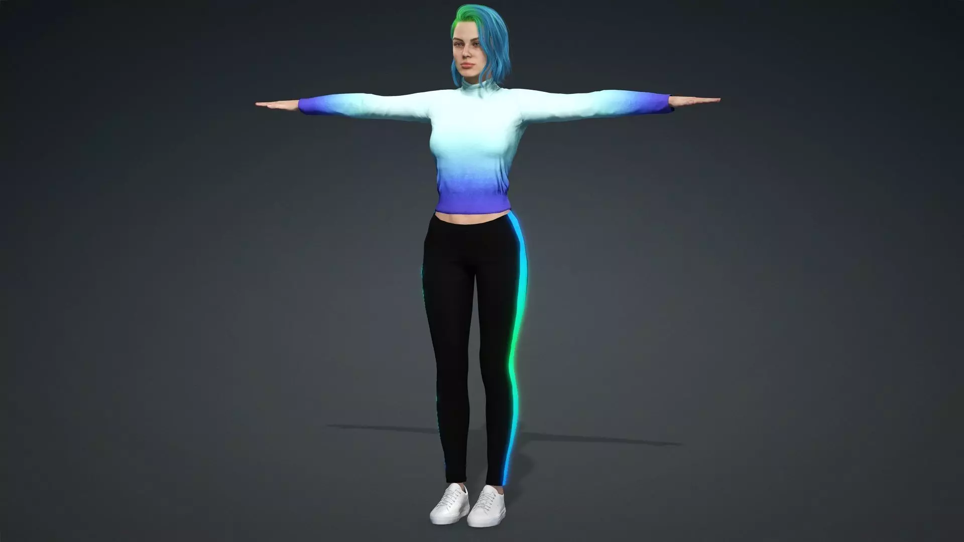Green hair bueatiful  fitness woman Rigged and Blendshapes Low-poly 3D model_0