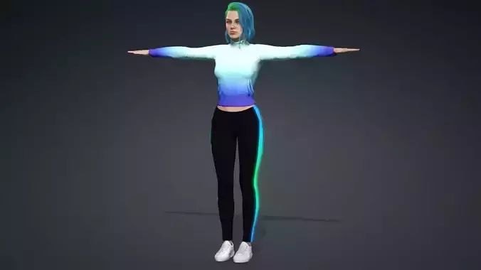 Green hair bueatiful  fitness woman Rigged and Blendshapes Low-poly 3D model