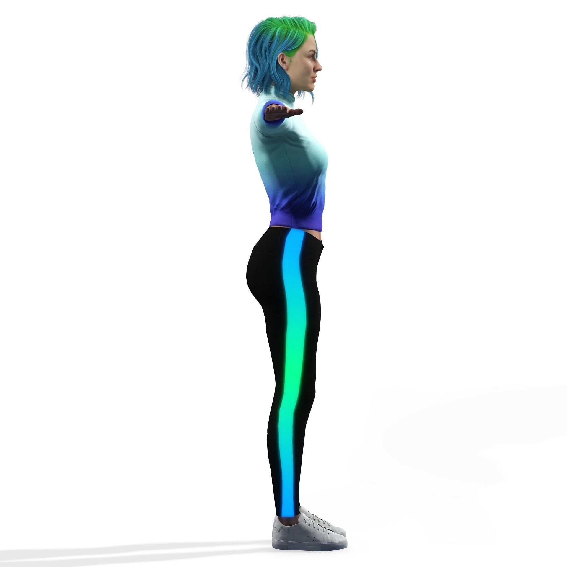 Green hair bueatiful  fitness woman Rigged and Blendshapes Low-poly 3D model_7