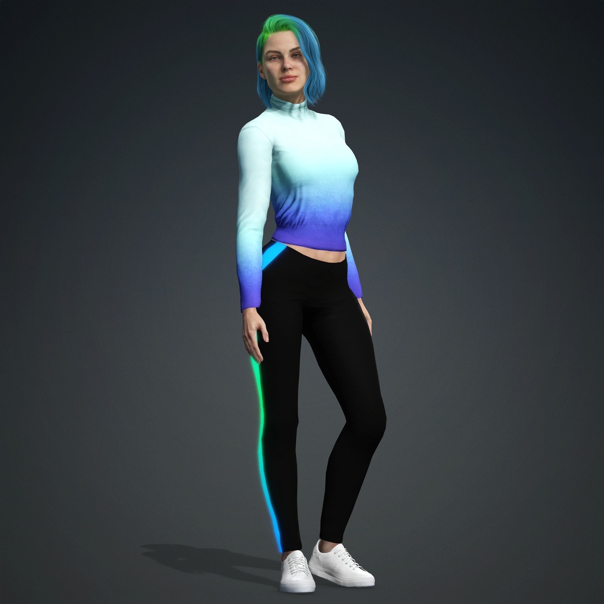 Green hair bueatiful  fitness woman Rigged and Blendshapes Low-poly 3D model_1