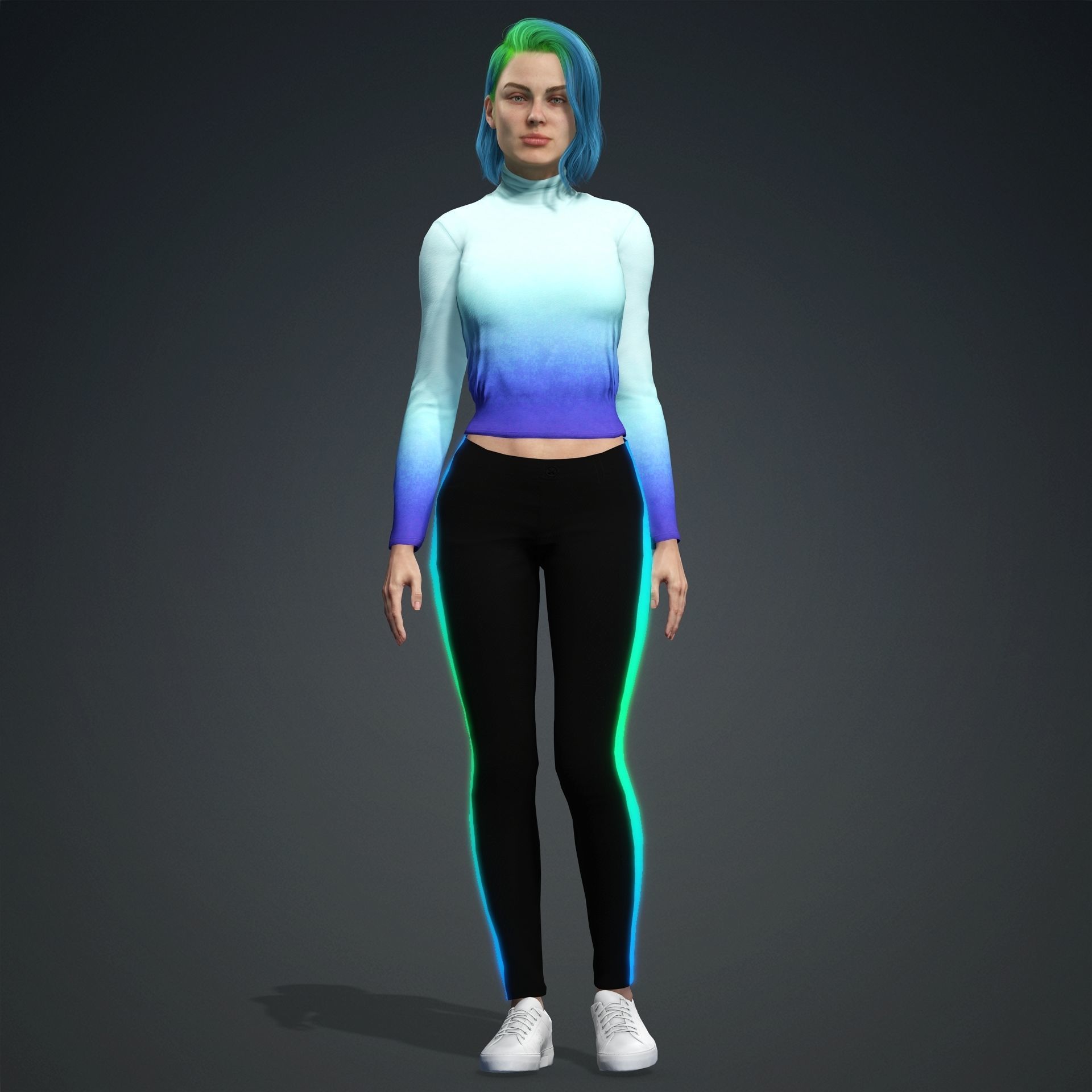 Green hair bueatiful  fitness woman Rigged and Blendshapes Low-poly 3D model_2