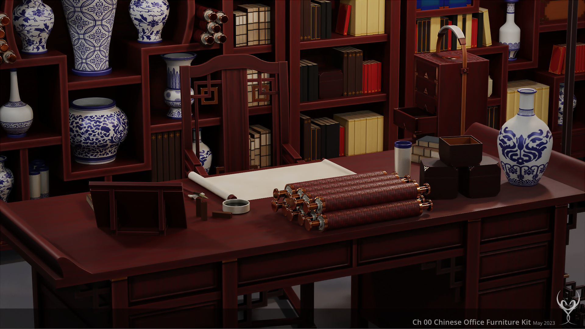 Ch 00 Chinese Office Furniture Kit 3D Model Collection_7