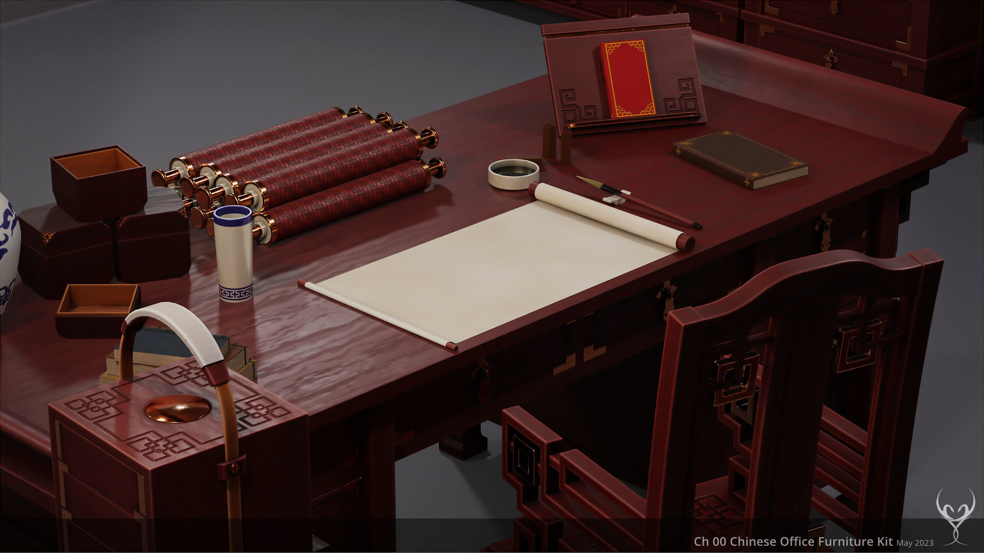 Ch 00 Chinese Office Furniture Kit 3D Model Collection_9