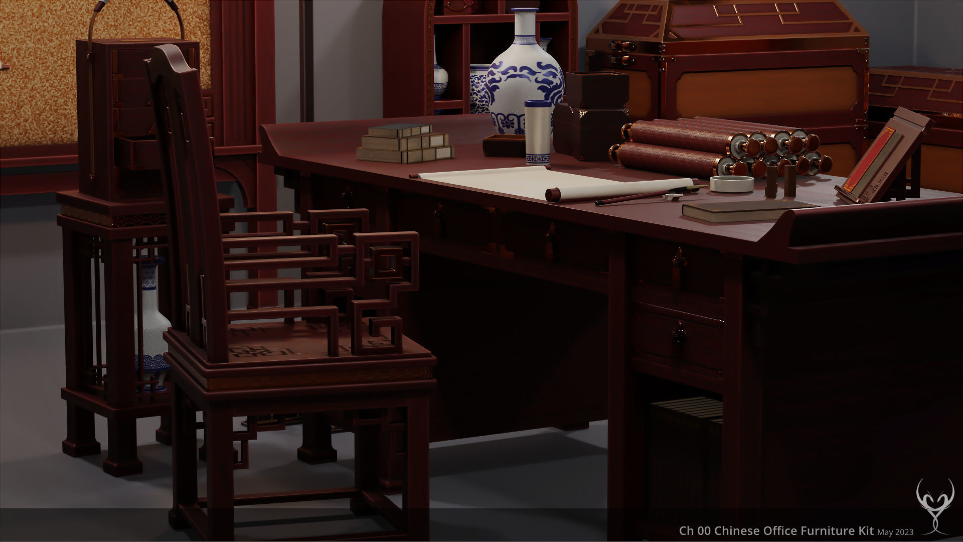 Ch 00 Chinese Office Furniture Kit 3D Model Collection_13