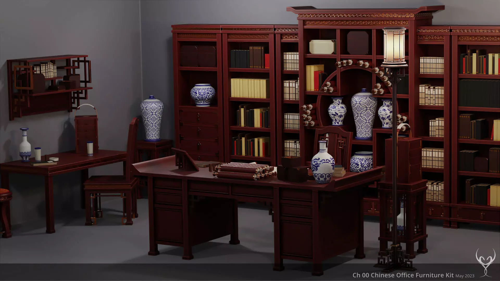 Ch 00 Chinese Office Furniture Kit 3D Model Collection_0