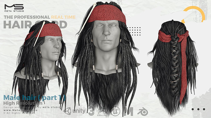 Male Hair - Jack Sparrow Hair Card with Texture  3D model