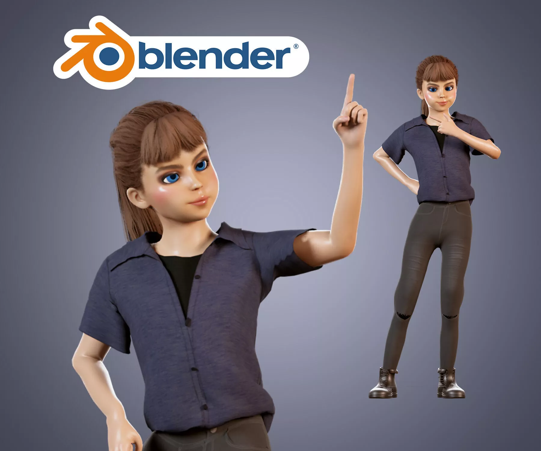 Cute young female character Rigged Low-poly 3D model