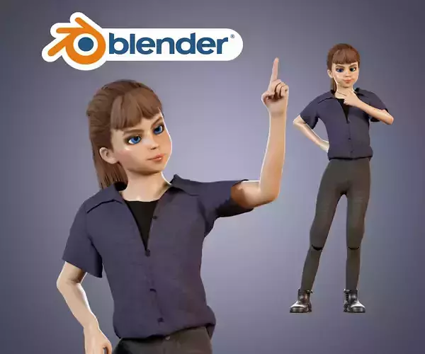 Cute young female character Rigged Low-poly 3D model