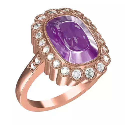 Cushion Cut Purple Diamond Milgrain Bezel Set Cocktail Ring