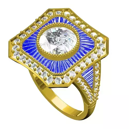 Blue Sapphire Baguette Round   Diamond Vintage Ring