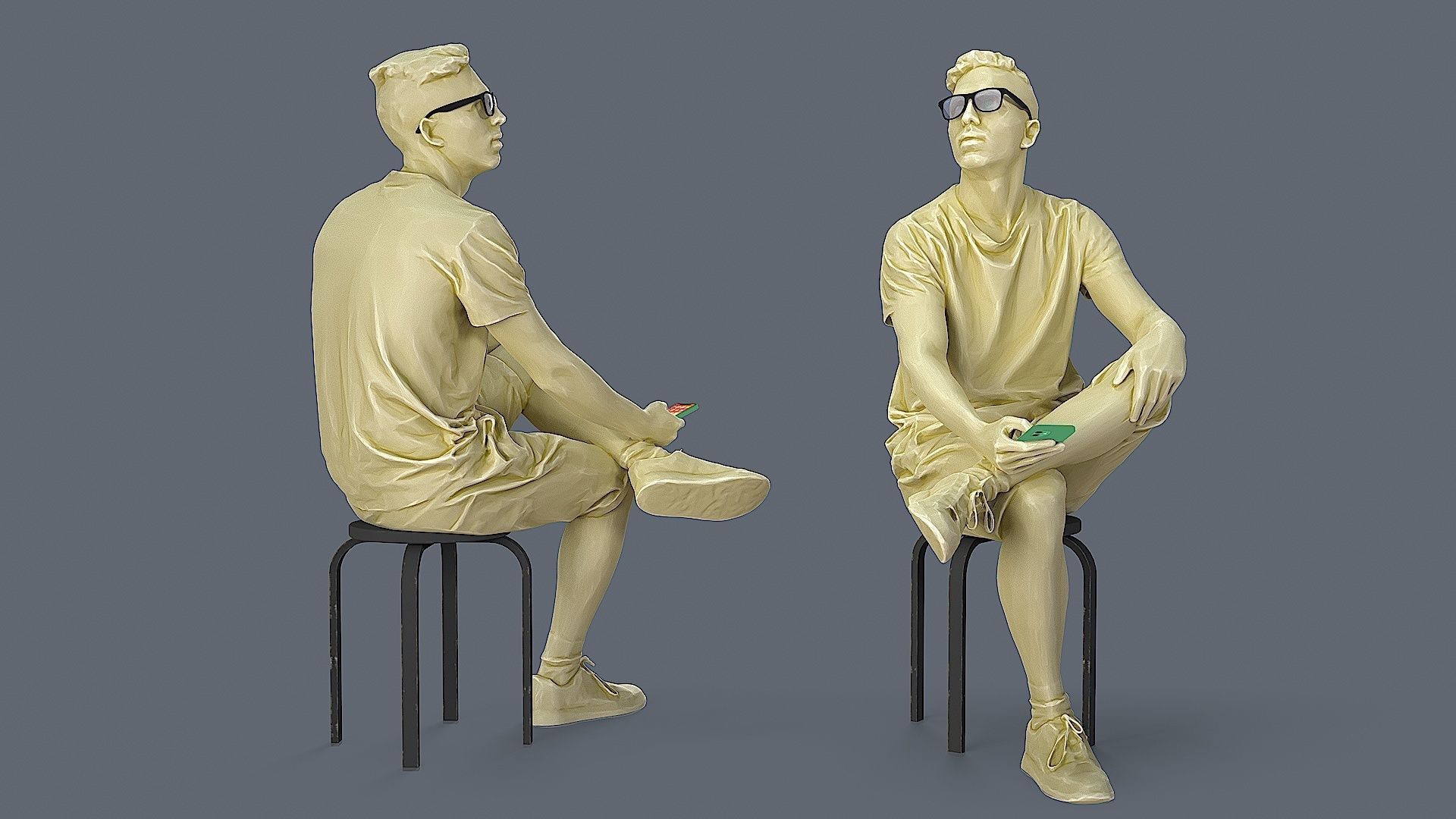 Sitting Observer Young Man in Casual T-shirt and Shorts 3D model_2