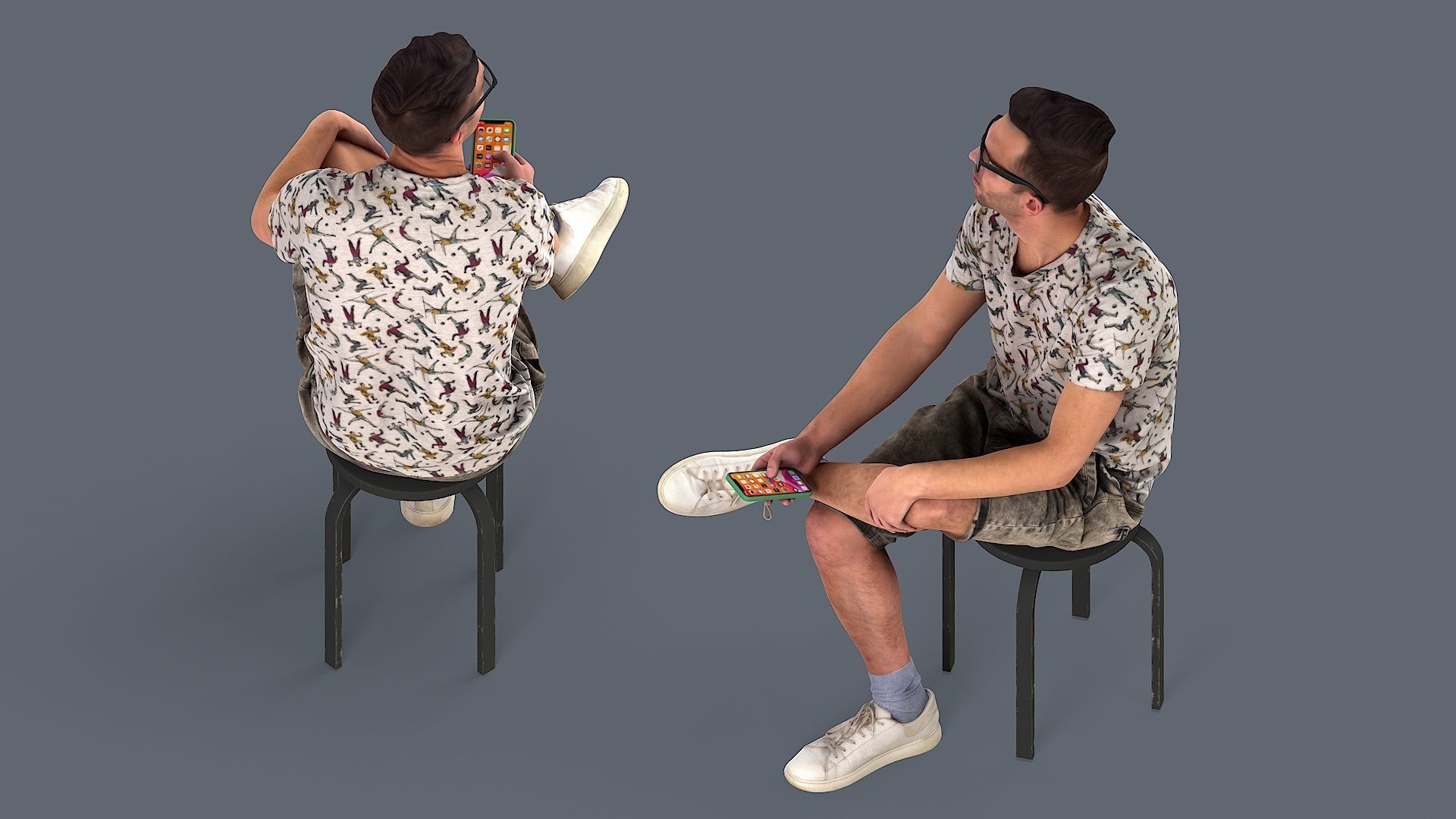 Sitting Observer Young Man in Casual T-shirt and Shorts 3D model_4