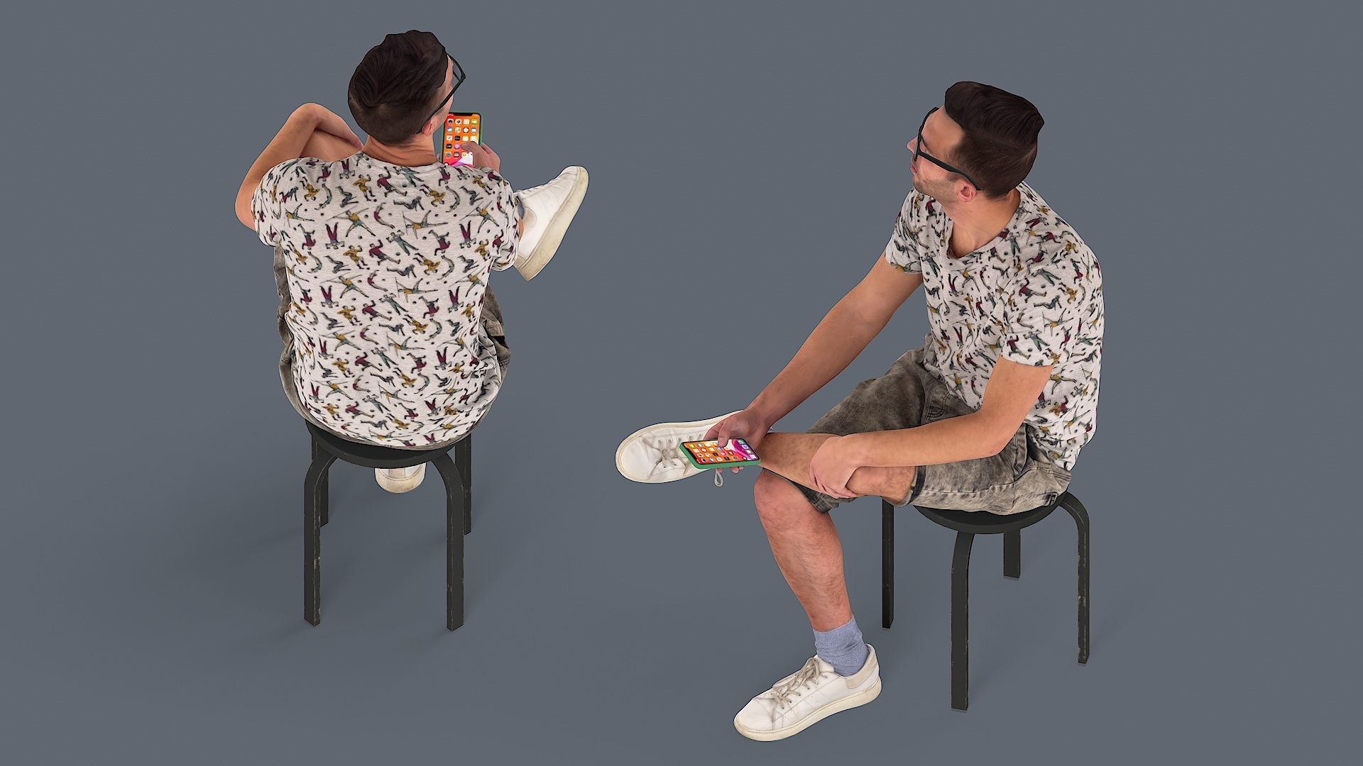 Sitting Observer Young Man in Casual T-shirt and Shorts 3D model_5