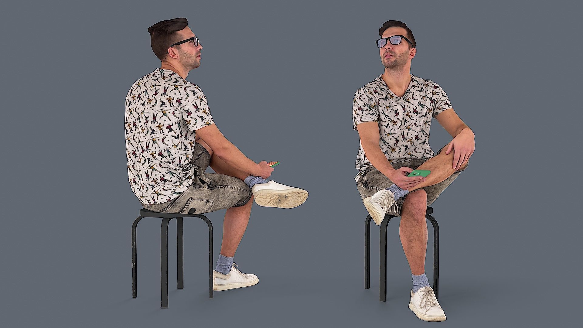 Sitting Observer Young Man in Casual T-shirt and Shorts 3D model_1