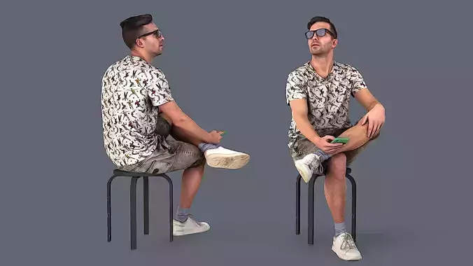 Sitting Observer Young Man in Casual T-shirt and Shorts 3D model