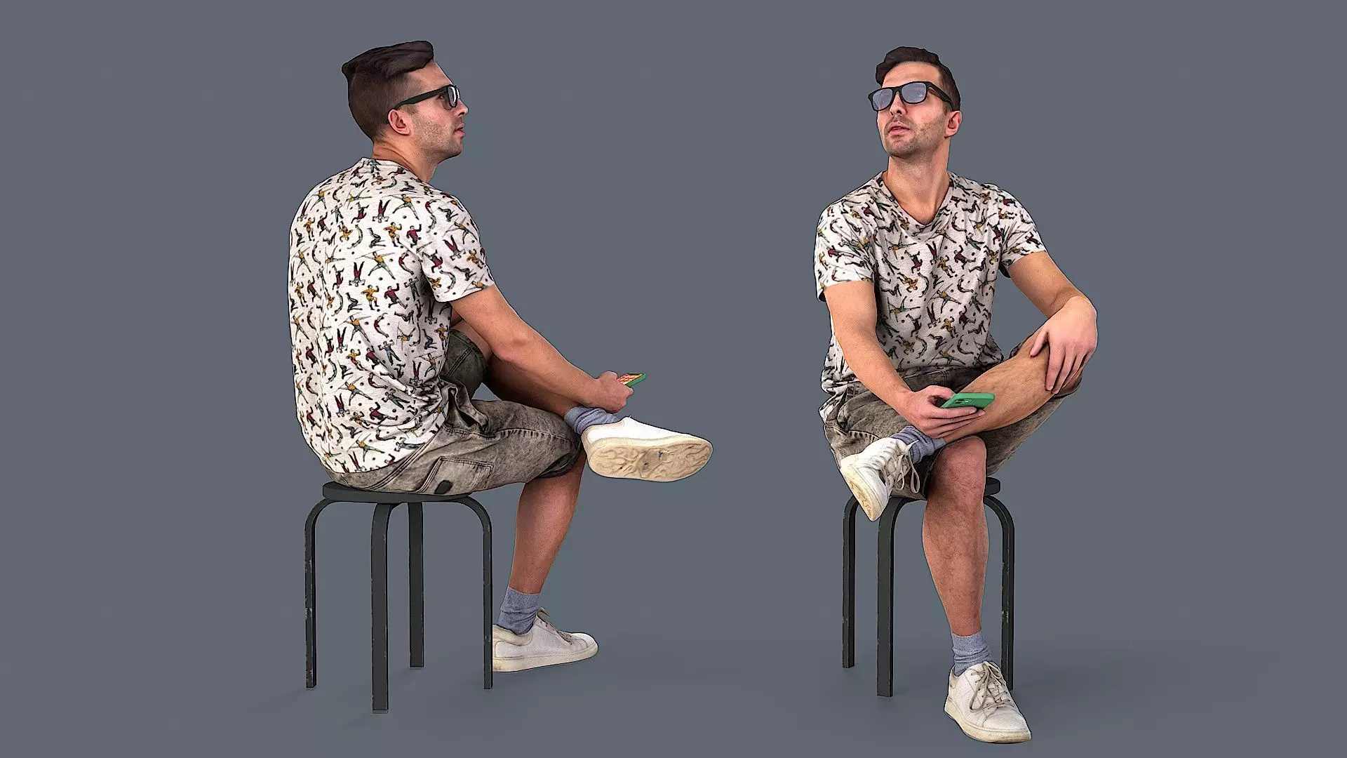 Sitting Observer Young Man in Casual T-shirt and Shorts 3D model_0