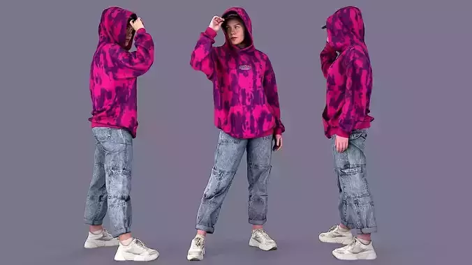 Wide Stance Gaze Girl in Casual Hoodie Jeans Joggers and Cap 3D model