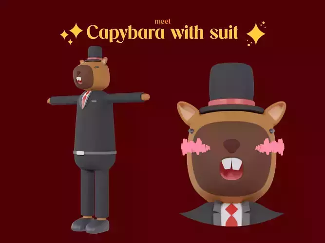 Capybara with suit and Cute long hat Low poly Low-poly 3D model