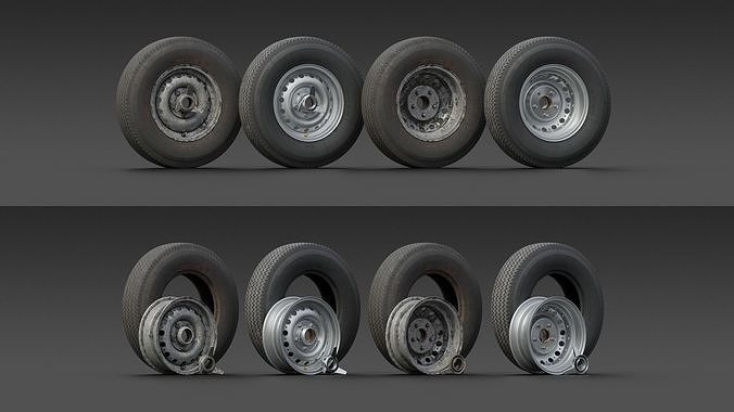 Set of 5 mid-poly vintage car wheels 3D model 5