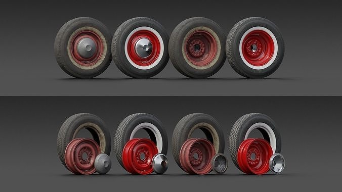 Set of 5 mid-poly vintage car wheels 3D model 6