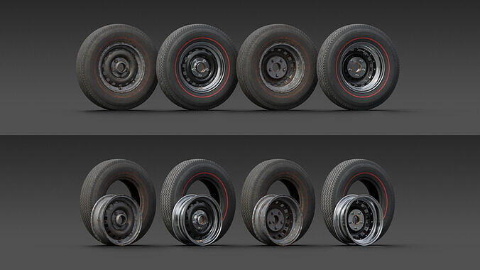 Set of 5 mid-poly vintage car wheels 3D model 3