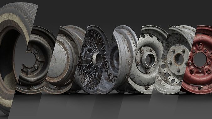 Set of 5 mid-poly vintage car wheels 3D model 7
