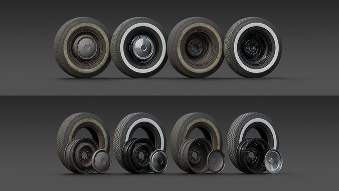 Set of 5 mid-poly vintage car wheels 3D model 2