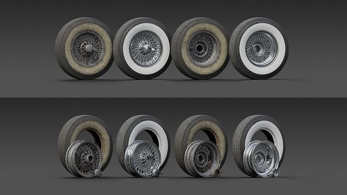 Set of 5 mid-poly vintage car wheels 3D model 4