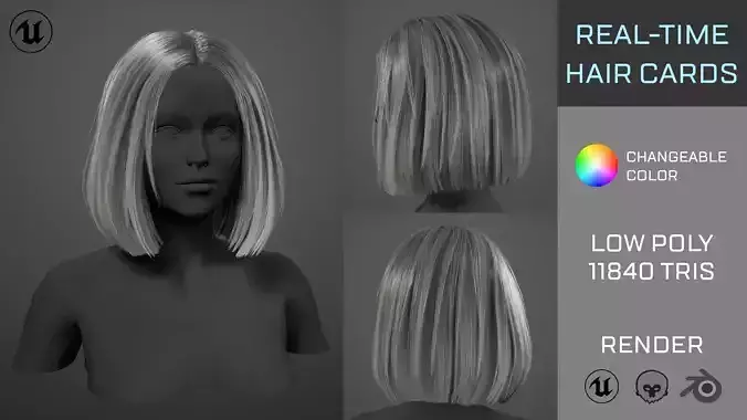 Real-time Hair Cards - Long Bob Straight Hairstyle Low-poly 3D model