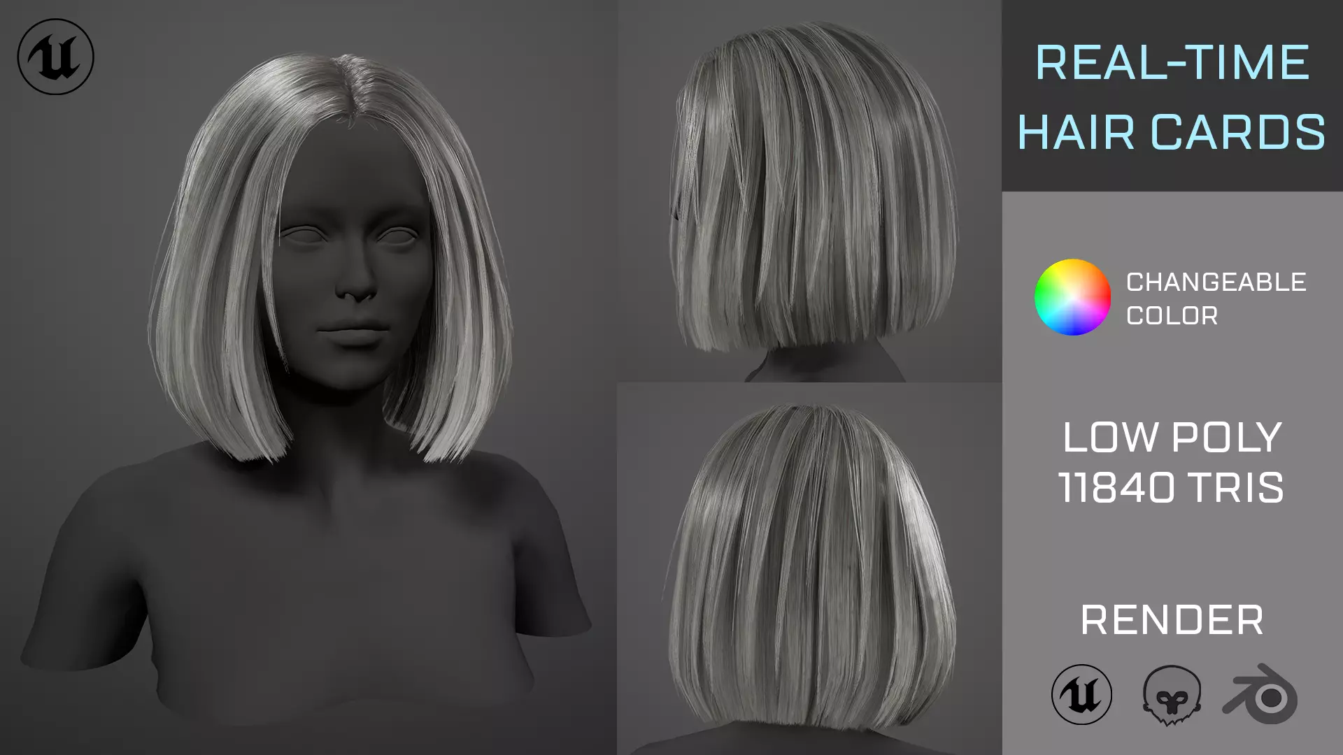 Real-time Hair Cards - Long Bob Straight Hairstyle Low-poly 3D model_0