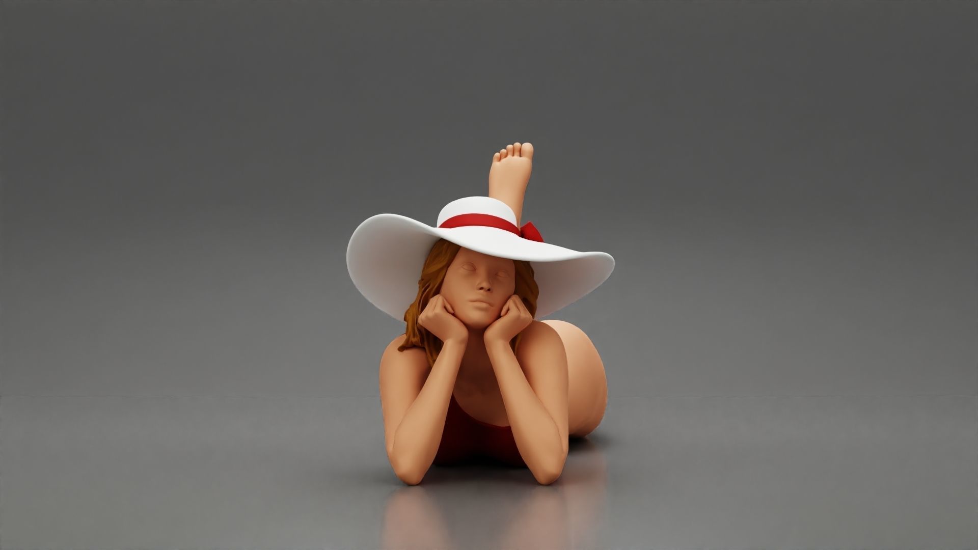 Woman Wearing swimsuit With Sun Hat Lying Down On The Sand Beach 3D print model_1