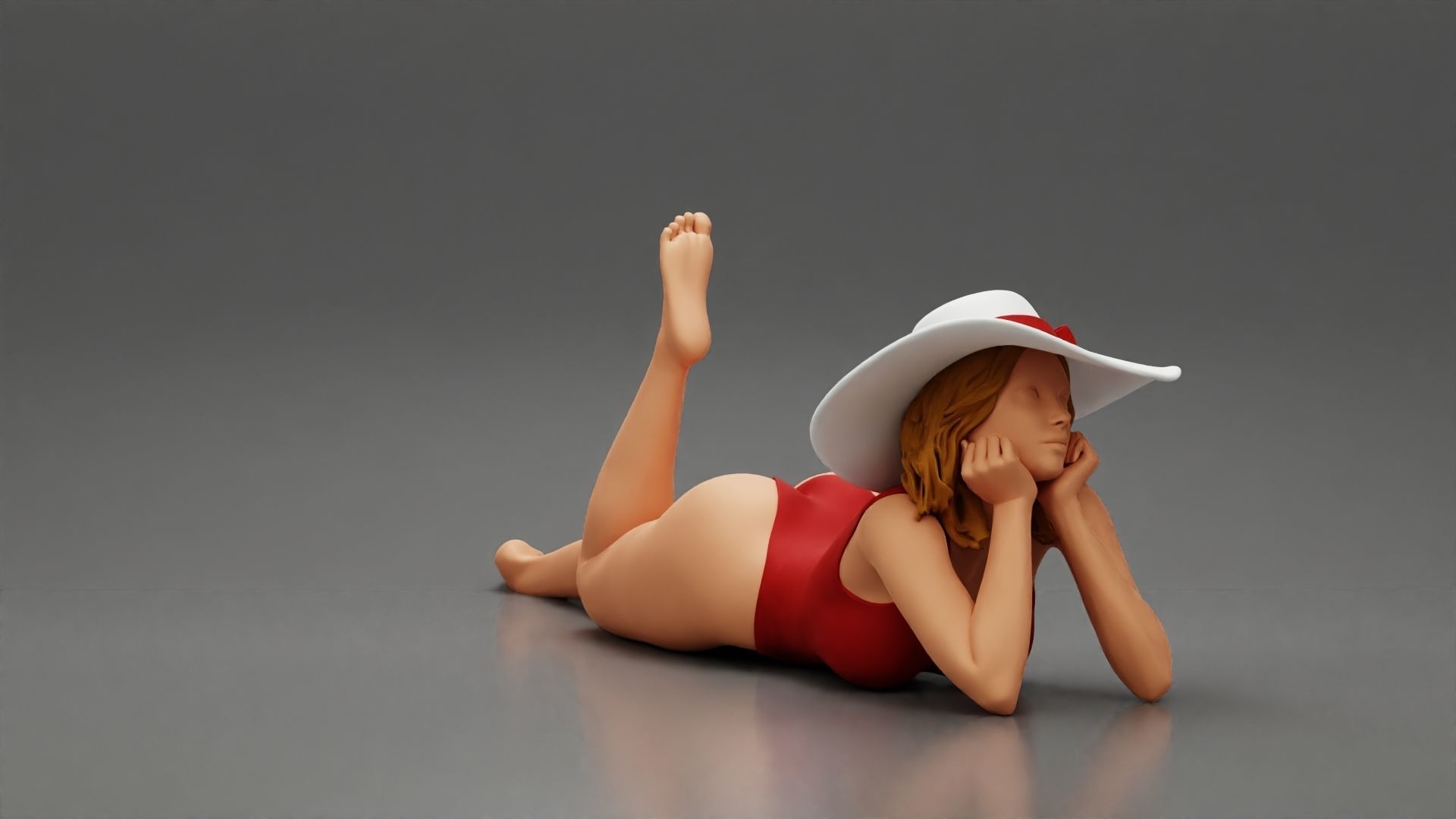 Woman Wearing swimsuit With Sun Hat Lying Down On The Sand Beach 3D print model_2