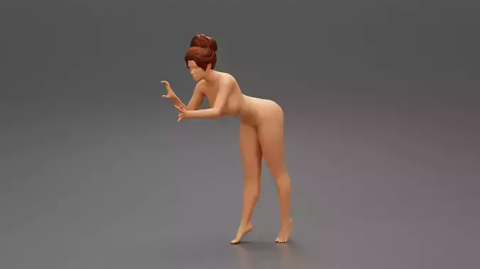 Naked woman washing car with sponge 