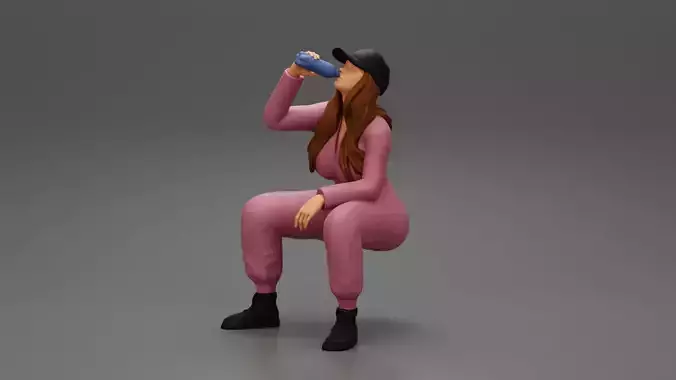 mechanic girl sitting and drinking water in suit and cap