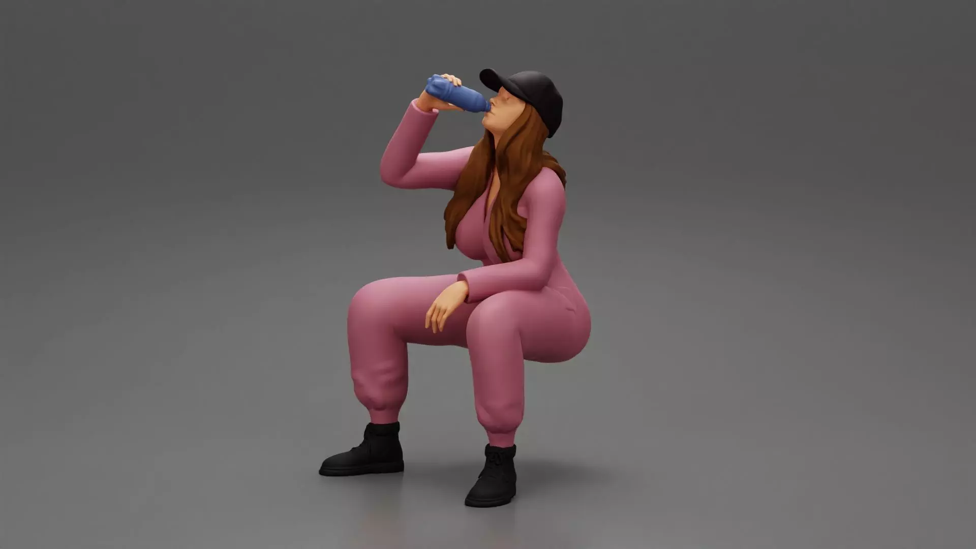 mechanic girl sitting and drinking water in suit and cap 3D print model