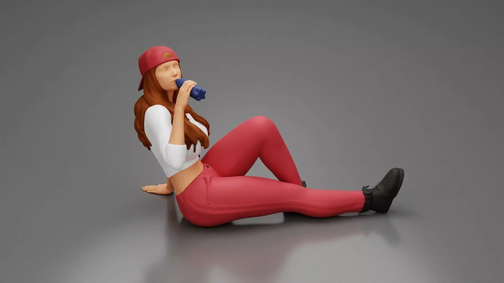 Tired woman mechanic in shirt pants backwards cap drinking water 3D print model_0