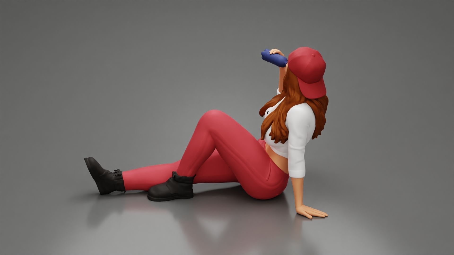 Tired woman mechanic in shirt pants backwards cap drinking water 3D print model_3