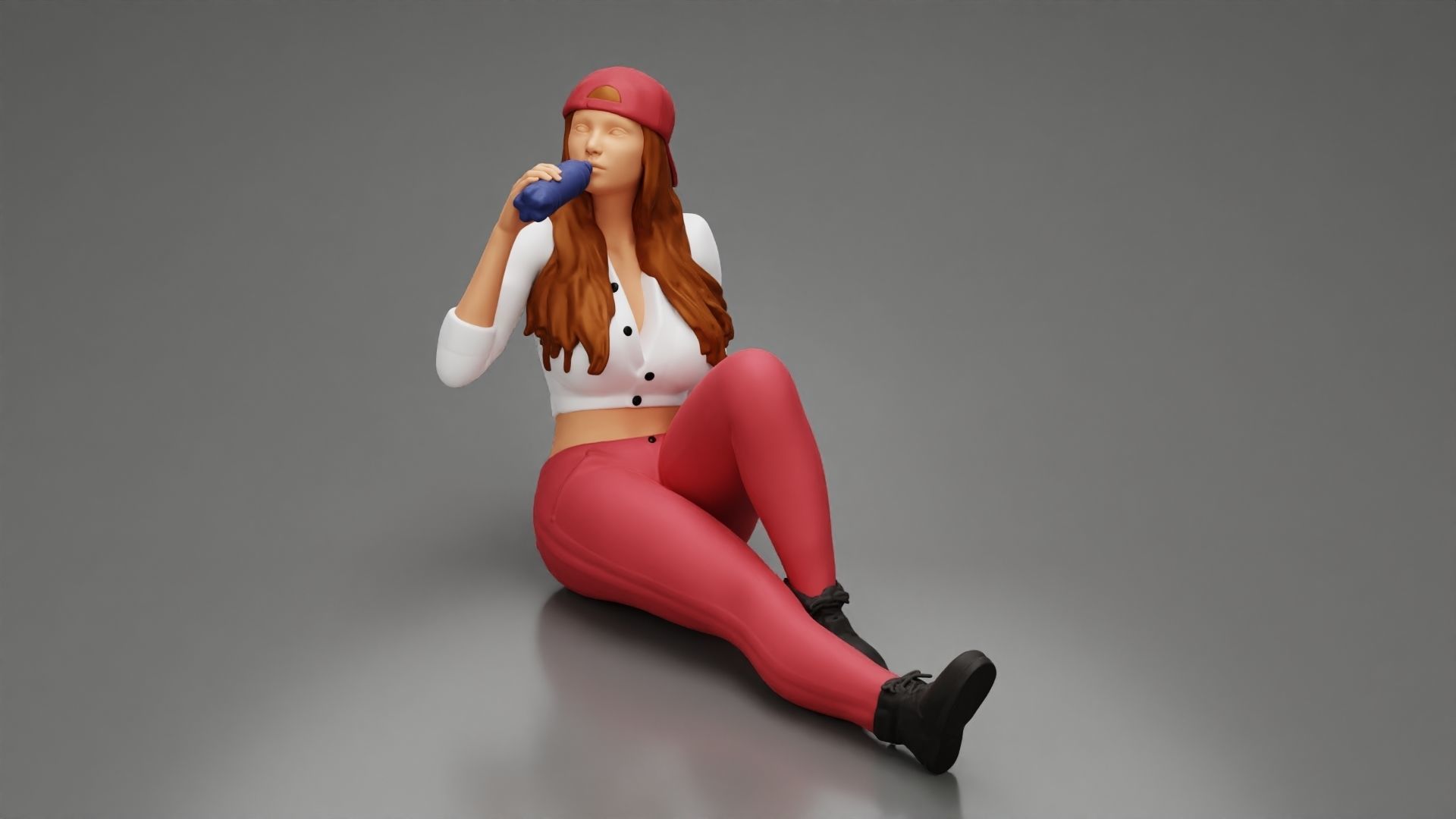 Tired woman mechanic in shirt pants backwards cap drinking water 3D print model_5