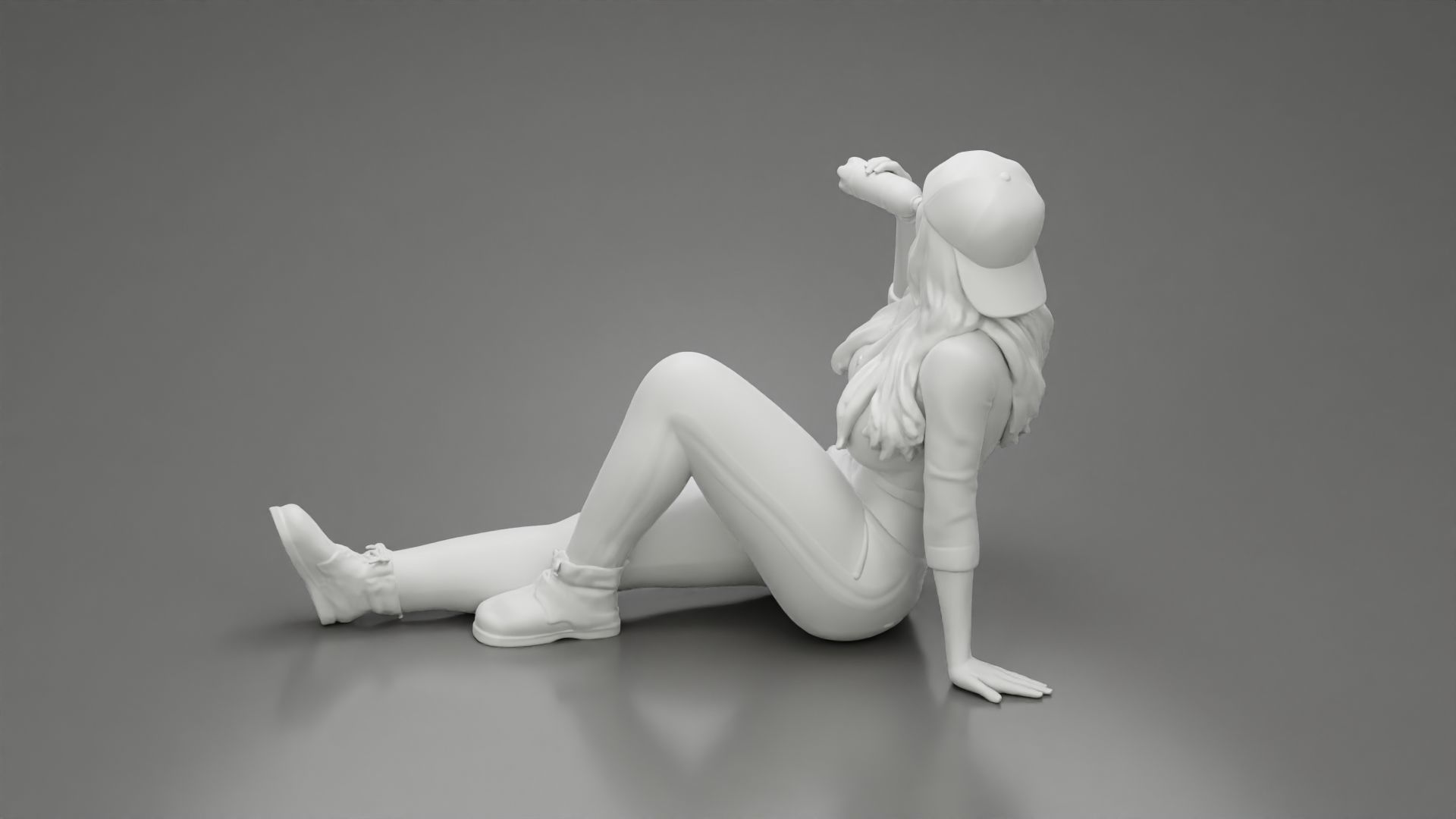Tired woman mechanic in shirt pants backwards cap drinking water 3D print model_9