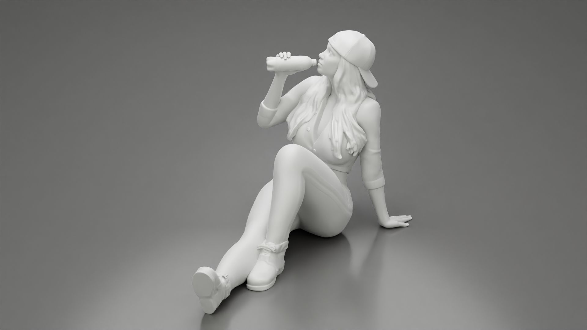 Tired woman mechanic in shirt pants backwards cap drinking water 3D print model_10